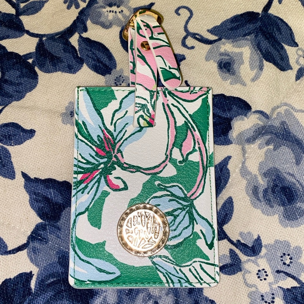 Lilly Pulitzer Green Pink Floral Luggage Tag with Gold Logo- GWP